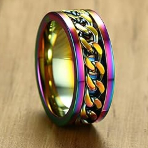 Rainbow multicolor Stainless steel rotating fidget spinner ring - Picture 2 of 6